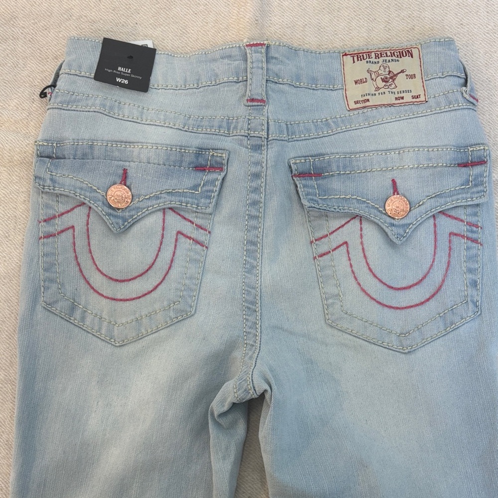 True Religion Halle High Rise Super Skinny Jeans Light Wash Pink Stitch Size 26